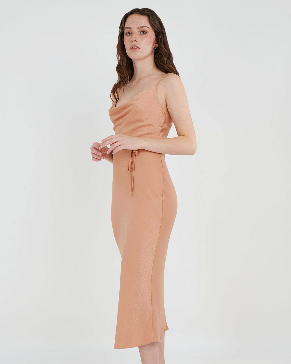 Carissa Bias Dress in dusty coral — side view
