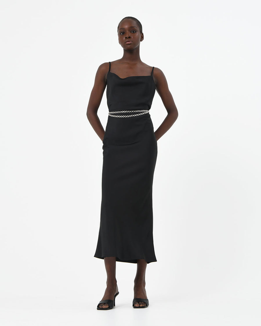 Safa Bias Slip Dress in black — full-length view