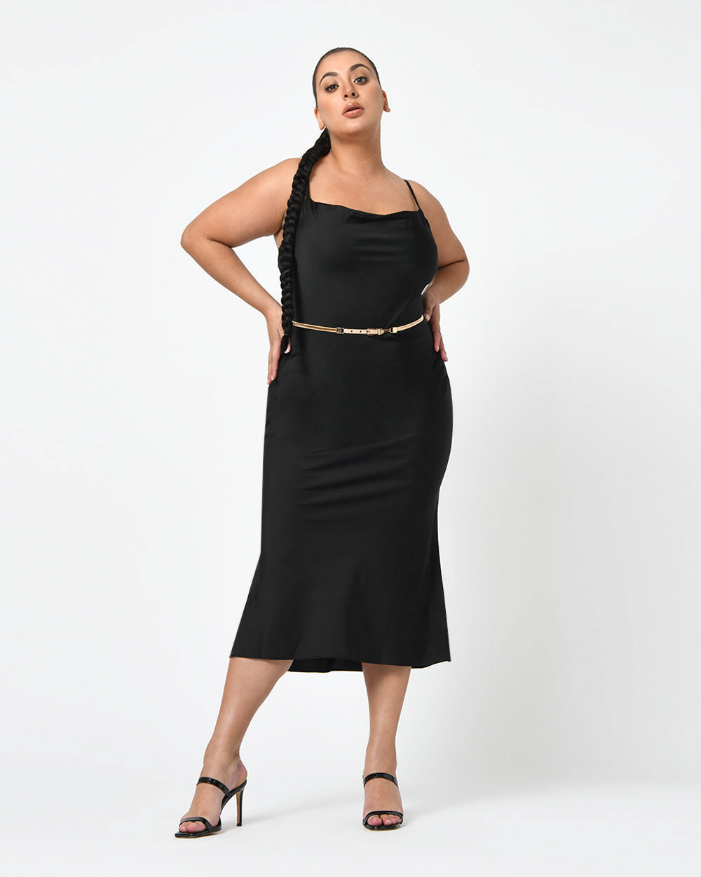Safa Bias Slip Dress in black — full-length view 3