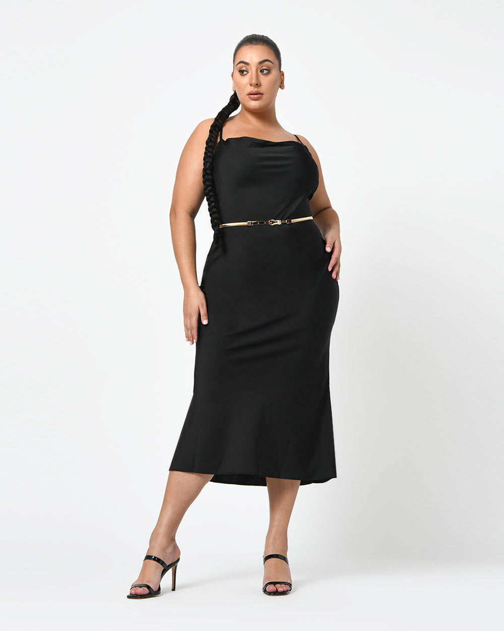 Safa Bias Slip Dress in black — full-length view 4