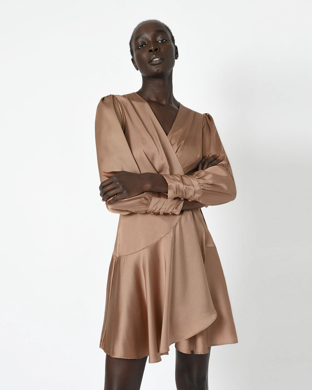Penny Long Sleeve Wrap Dress in bronze — close-up view