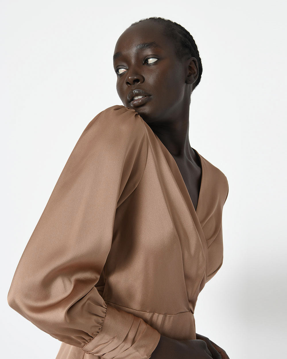 Penny Long Sleeve Wrap Dress in bronze — fabric detail