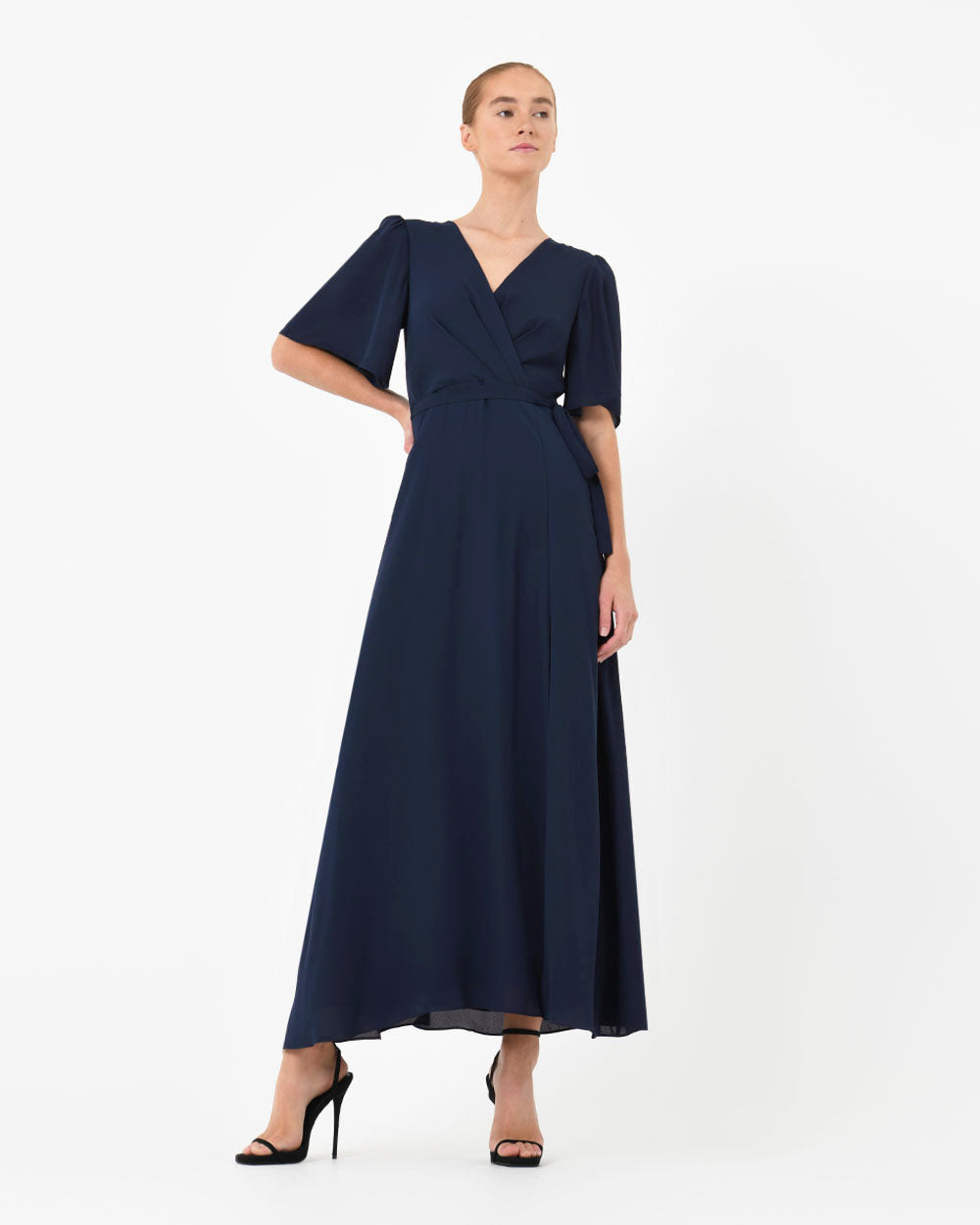 Cannes Draped Sleeve Dress in navy — full-length view