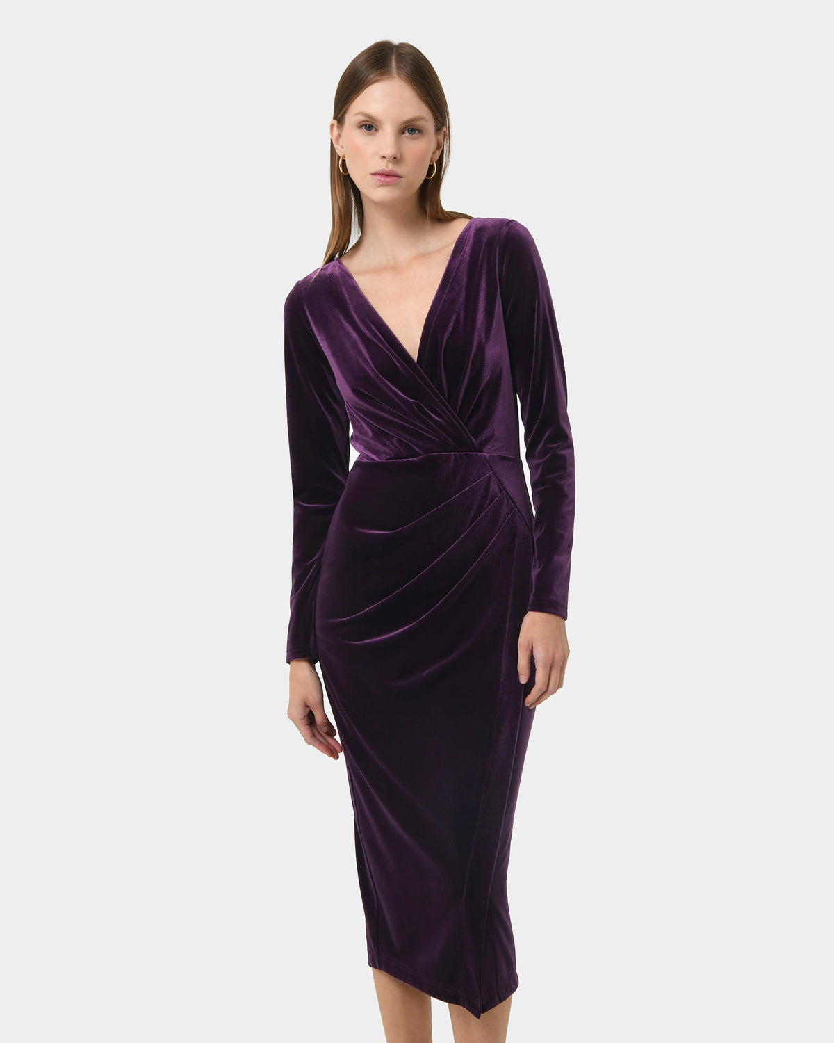 Miabella Draped Dress in purple — close-up view