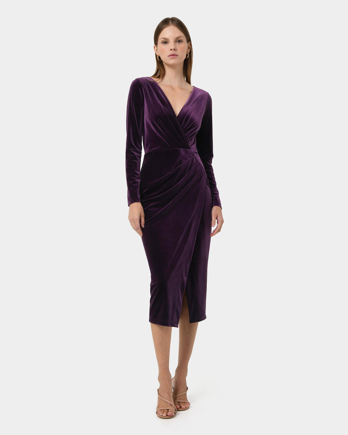 Miabella Draped Dress in purple — full-length view