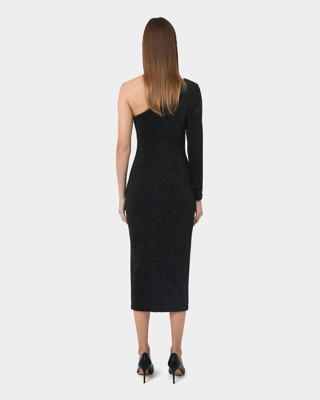 Maris Assymetric Glitter Dress in black — back view