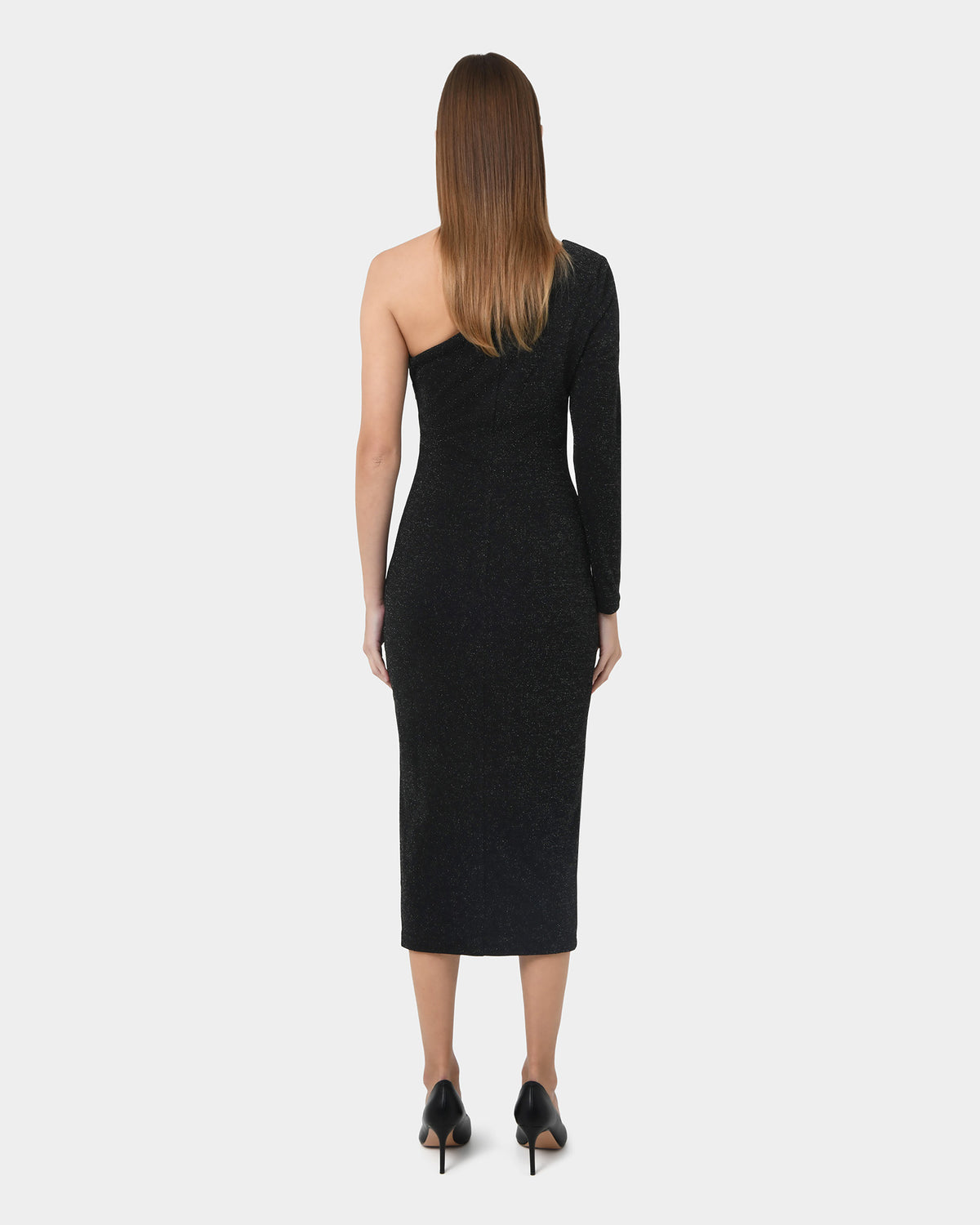 Maris Assymetric Glitter Dress in black — back view