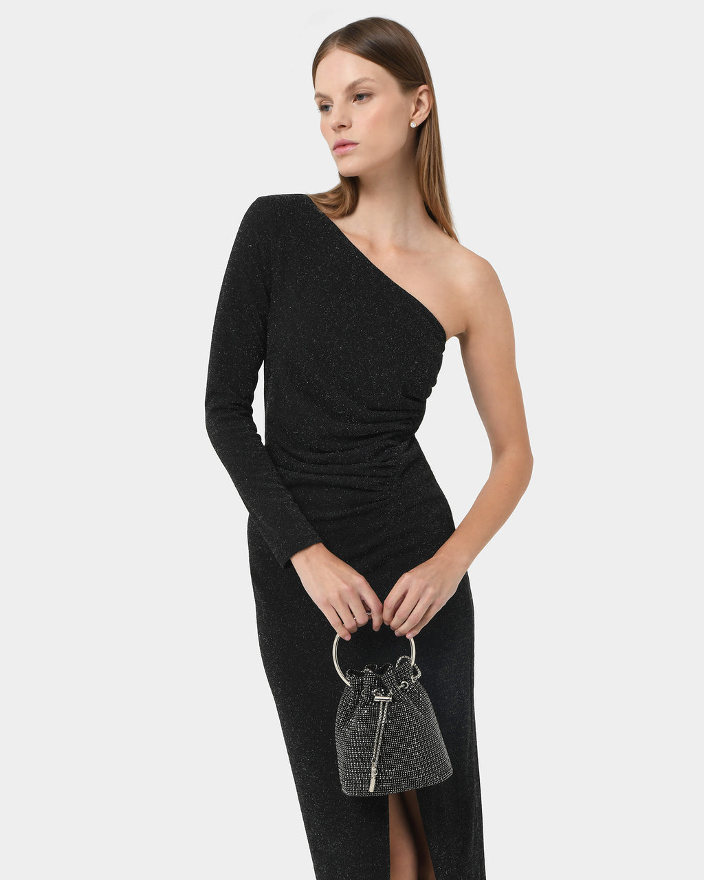 Maris Assymetric Glitter Dress in black — close-up view