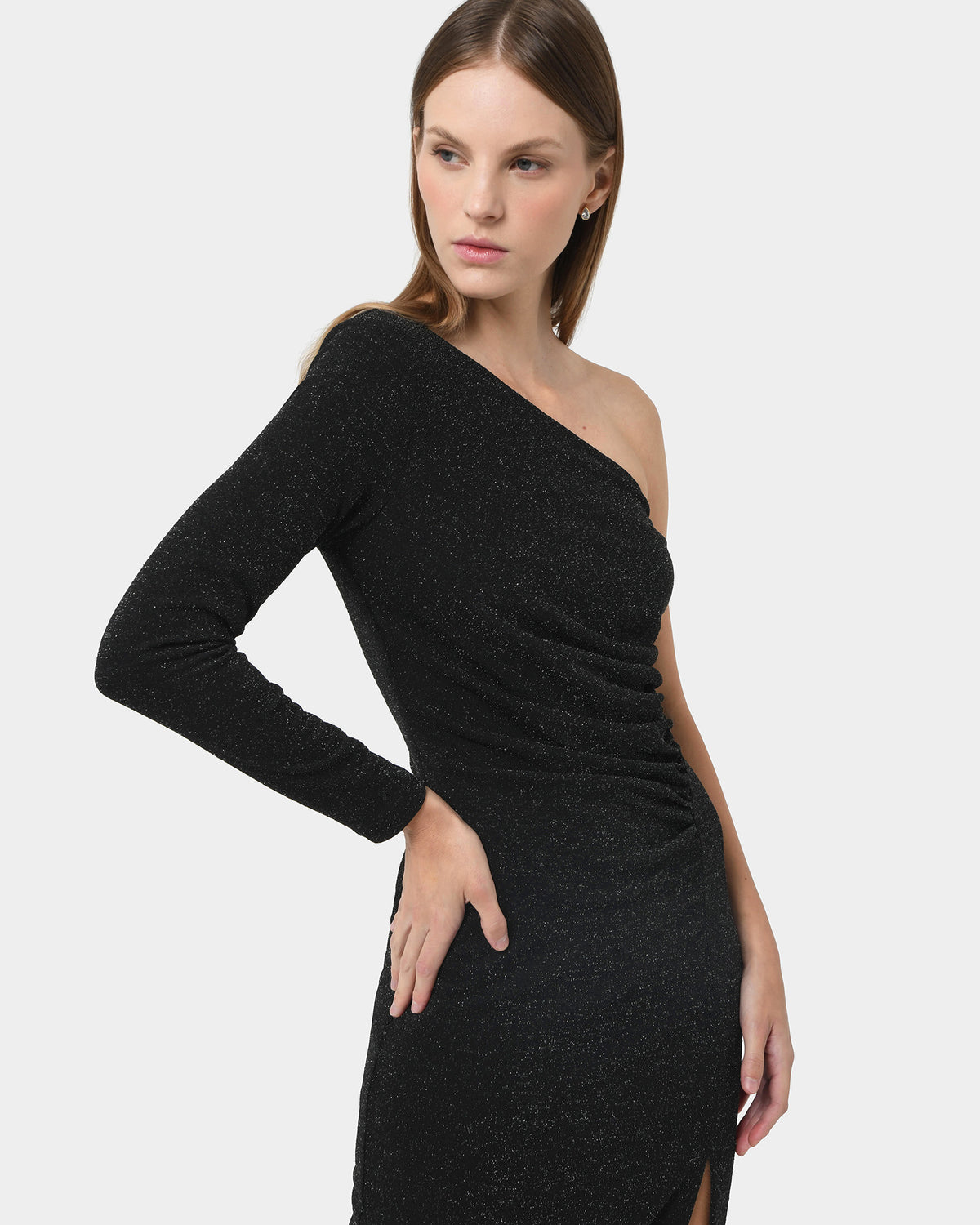 Maris Assymetric Glitter Dress in black — close-up view 2