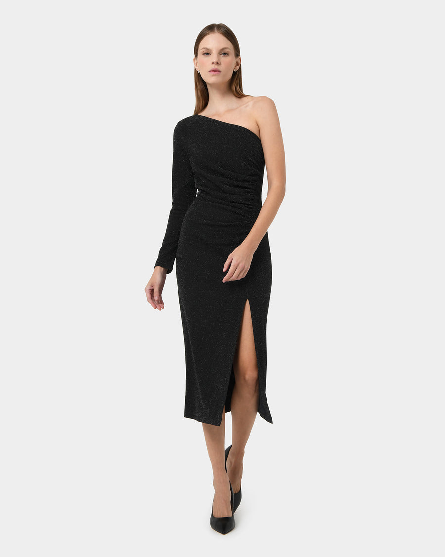Maris Assymetric Glitter Dress in black — full-length view