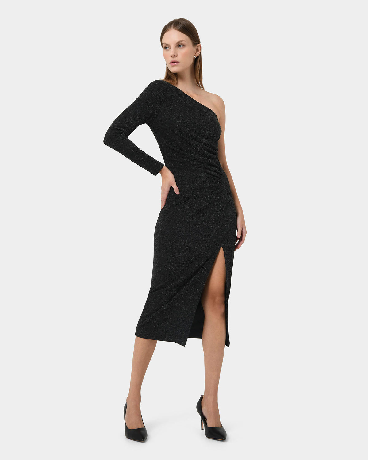Maris Assymetric Glitter Dress in black — full-length view 2