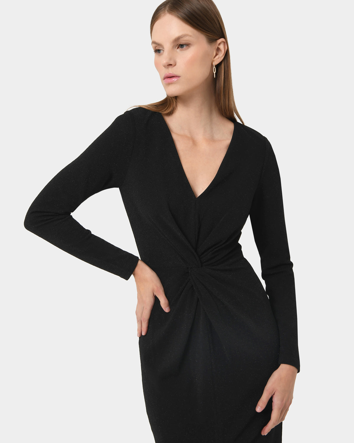 Giada Twist Knit Glitter Dress in black — fabric detail