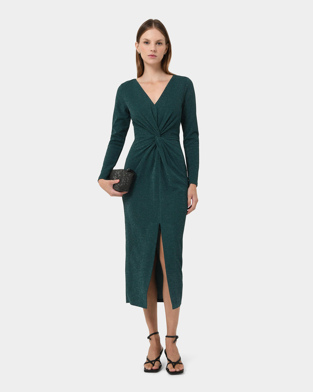 Giada Twist Knit Glitter Dress in green — full-length view