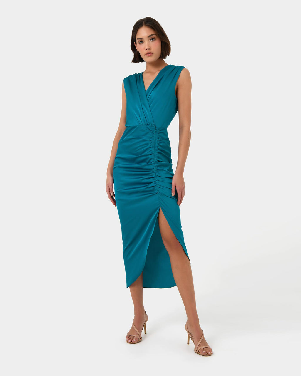 Hayden Side Ruched Dress in teal — full-length view