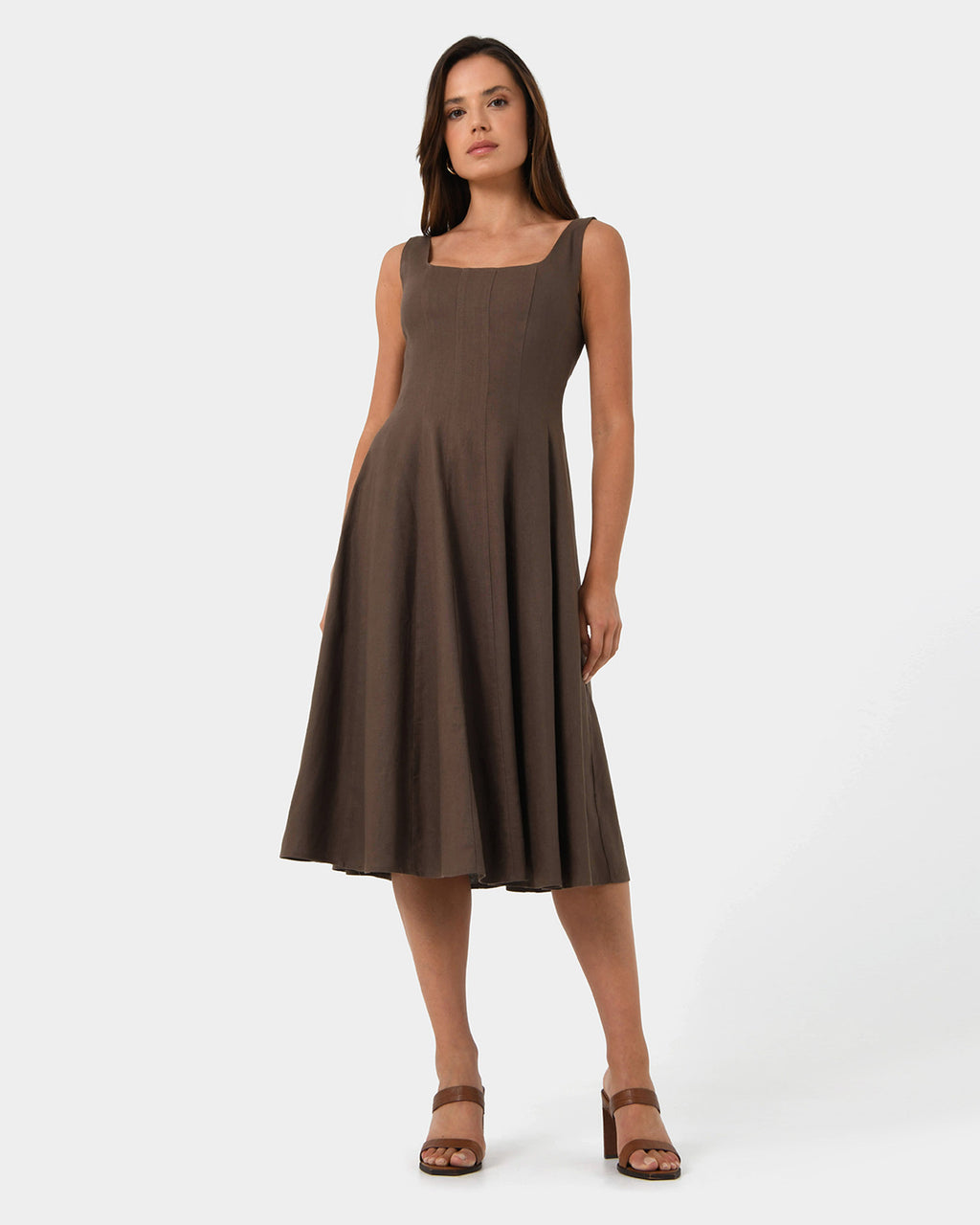 Saira Linen A-line Dress in brown — full-length view