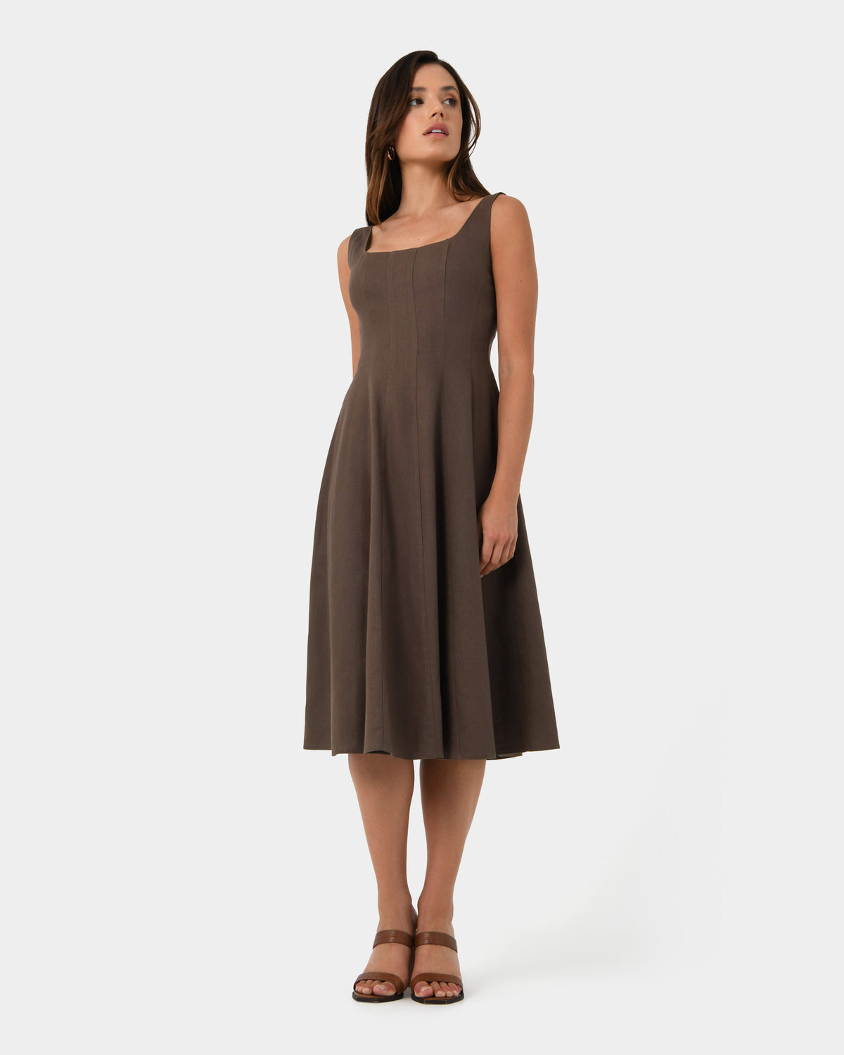 Saira Linen A-line Dress in brown — full-length view 2