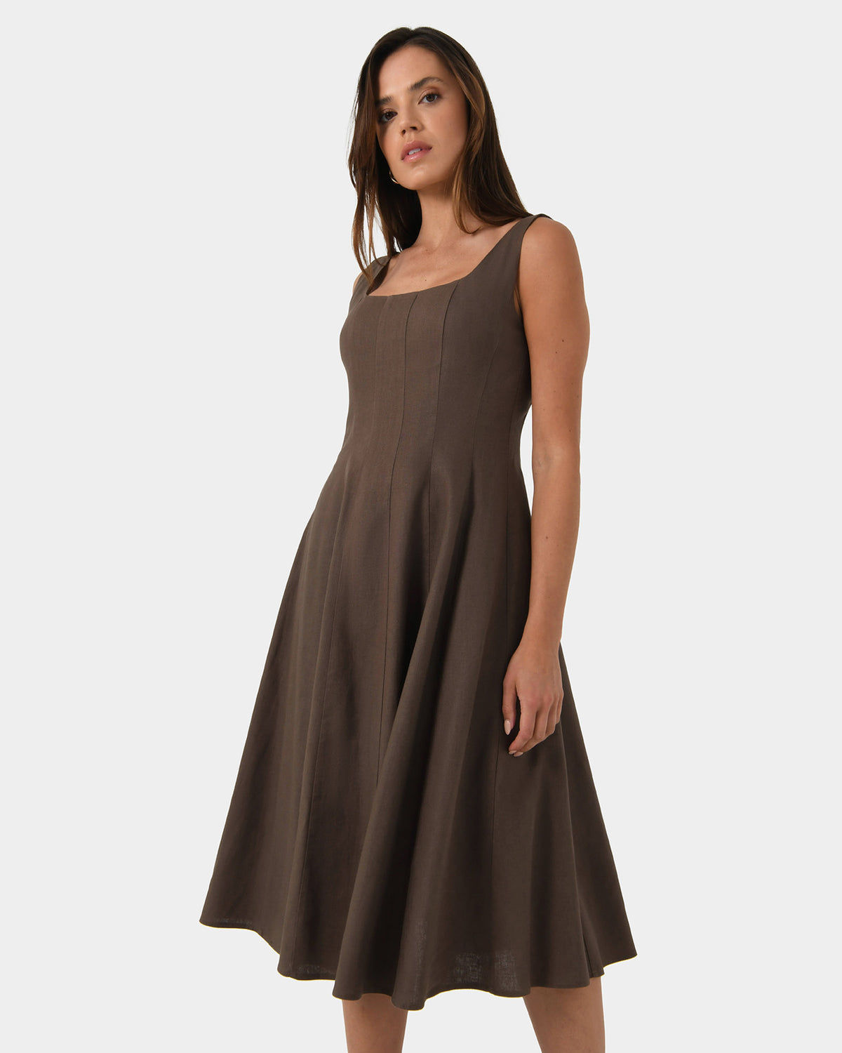Saira Linen A-line Dress in brown — side view