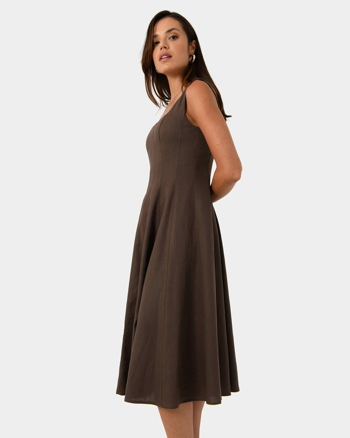 Saira Linen A-line Dress in brown — side view 2