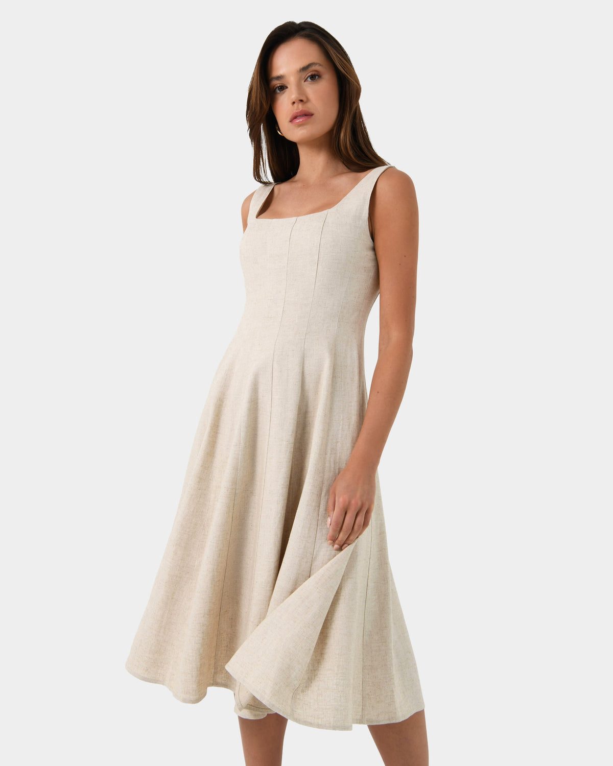 Saira Linen A-line Dress in oatmeal — close-up view