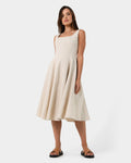 Saira Linen A-line Dress in oatmeal — full-length view