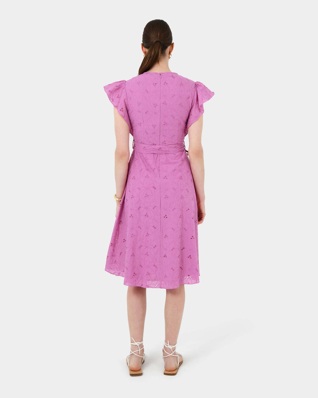 Kavya Tie-Waist Cotton Dress in bright orchid — back view