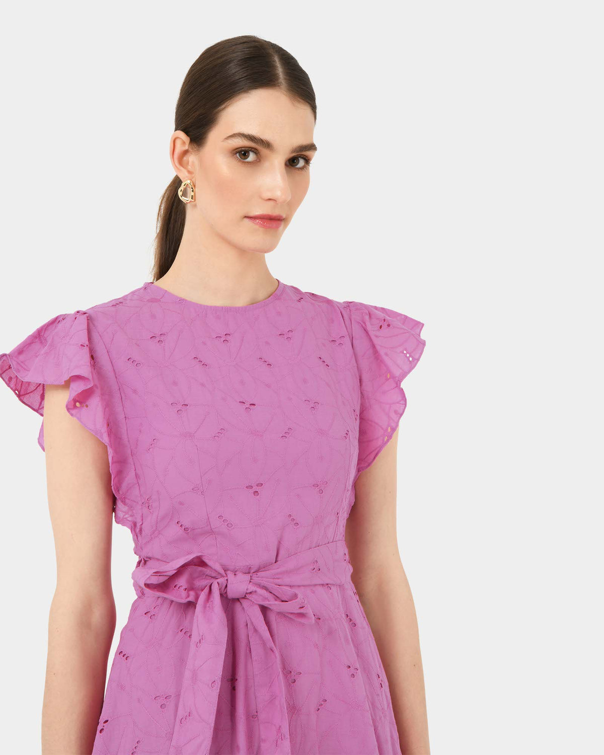 Kavya Tie-Waist Cotton Dress in bright orchid — fabric detail