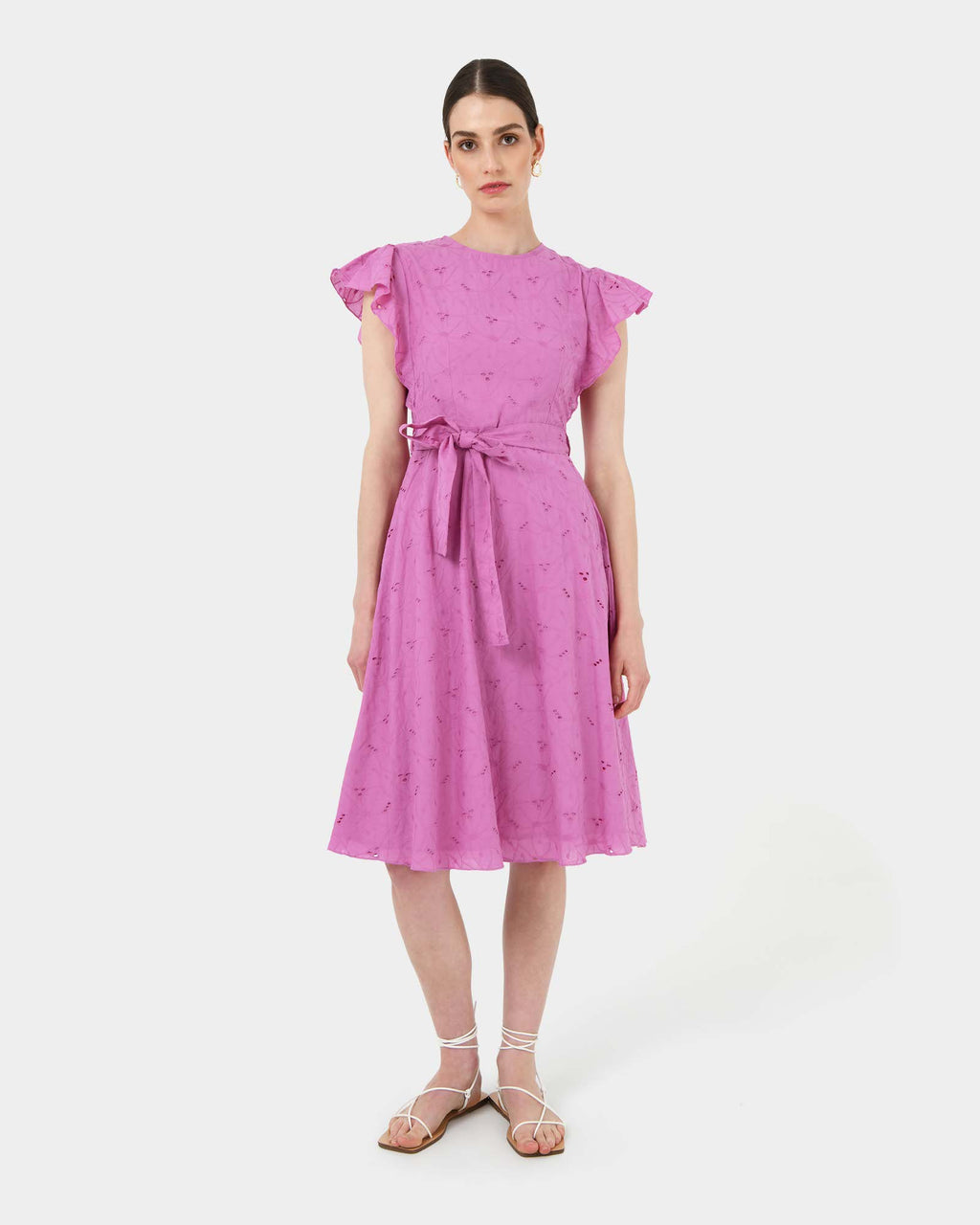 Kavya Tie-Waist Cotton Dress in bright orchid — full-length view