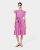 Kavya Tie-Waist Cotton Dress in bright orchid — full-length view