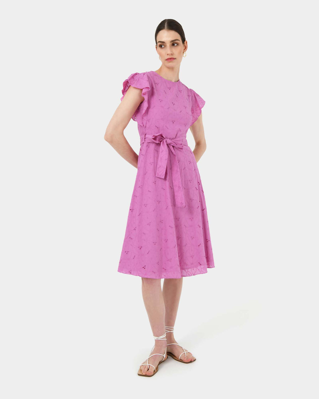 Kavya Tie-Waist Cotton Dress in bright orchid — side view