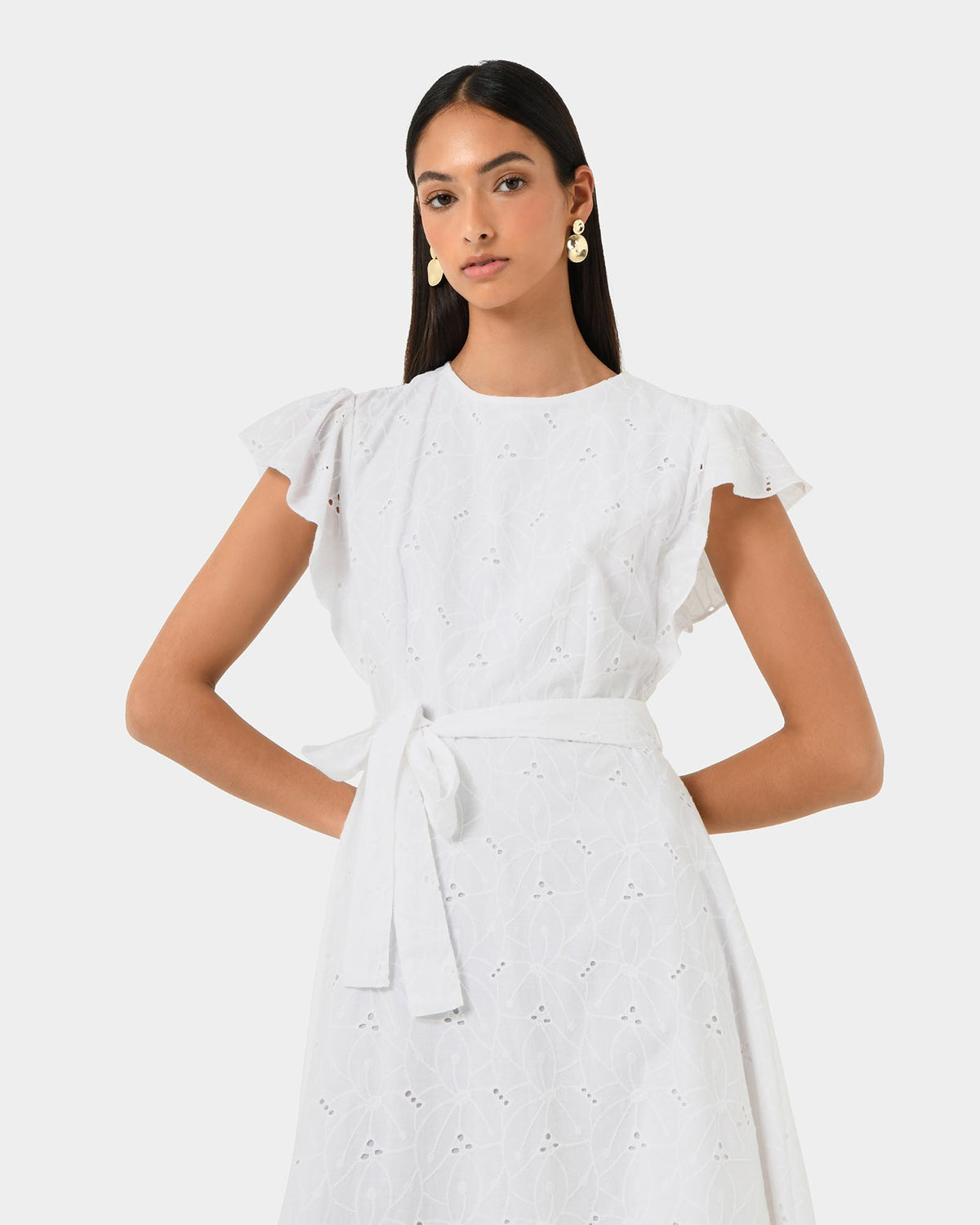 Kavya Tie-Waist Cotton Dress in white — close-up view