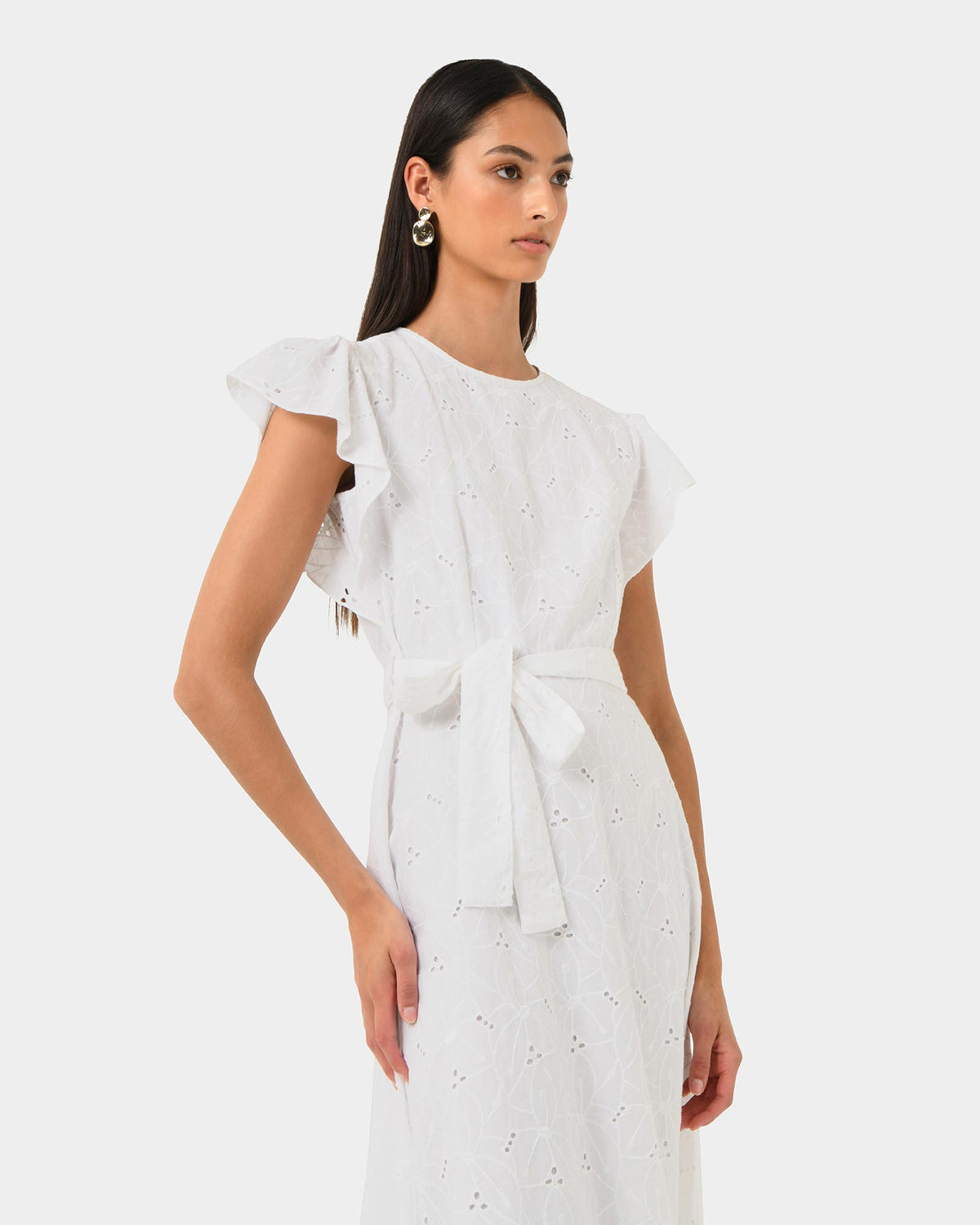 Kavya Tie-Waist Cotton Dress in white — side view