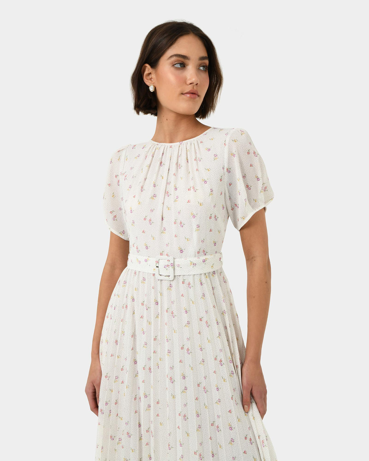 Etta Floral Pleated Dress in floral print — close-up view