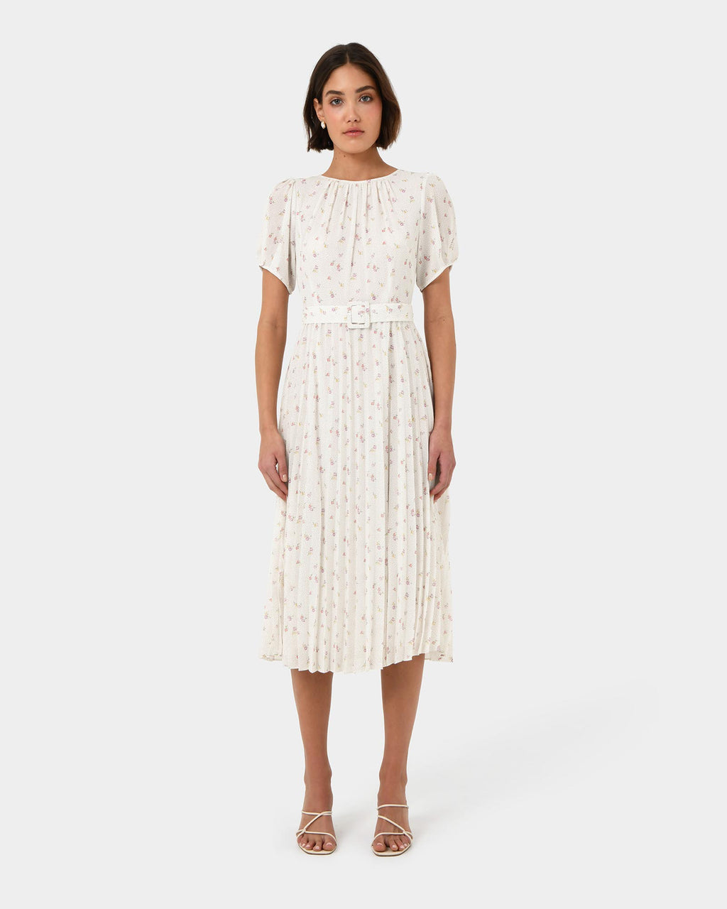 Etta Floral Pleated Dress in floral print — full-length view