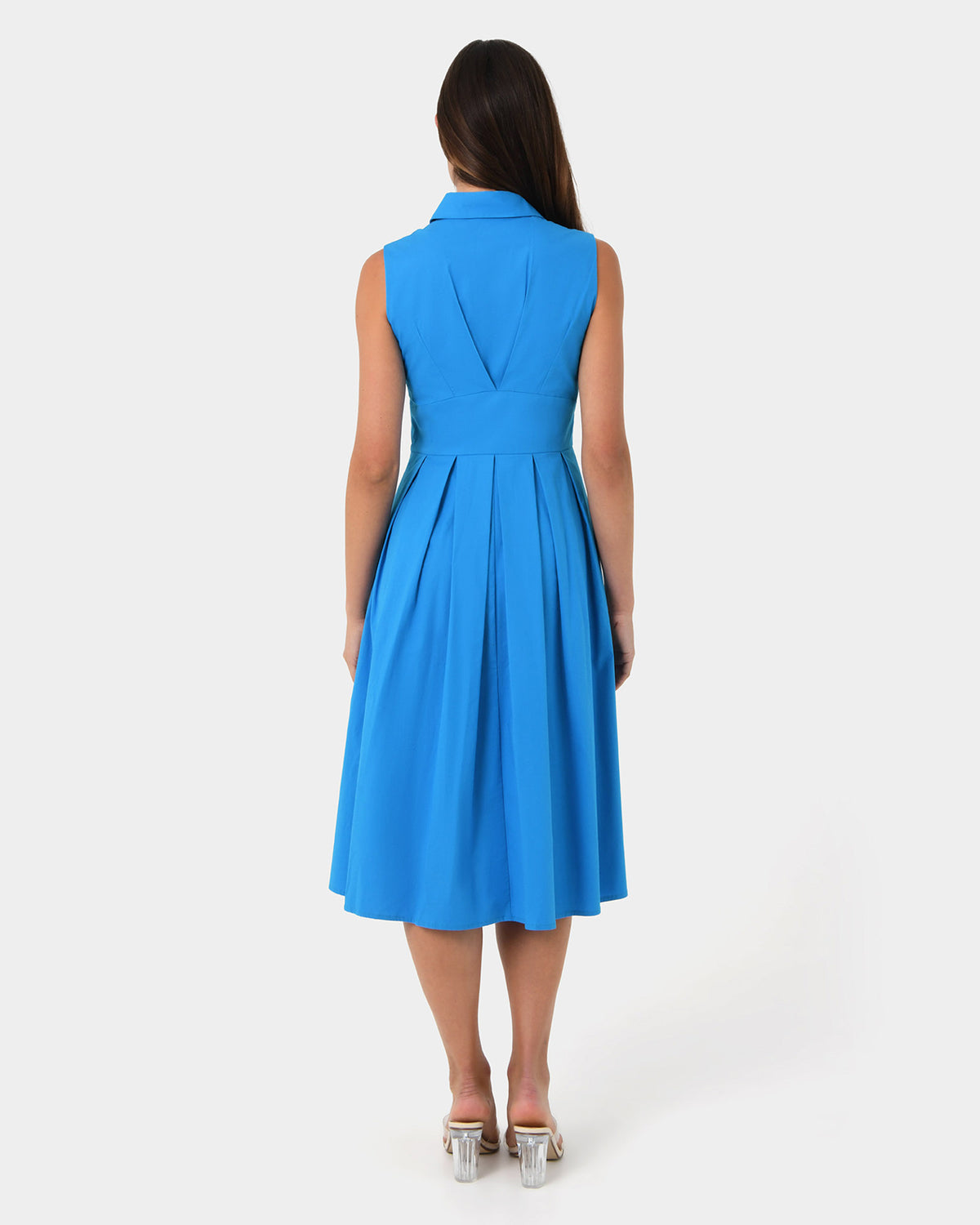 Alma Cotton Sleeveless Dress in cyan blue — back view