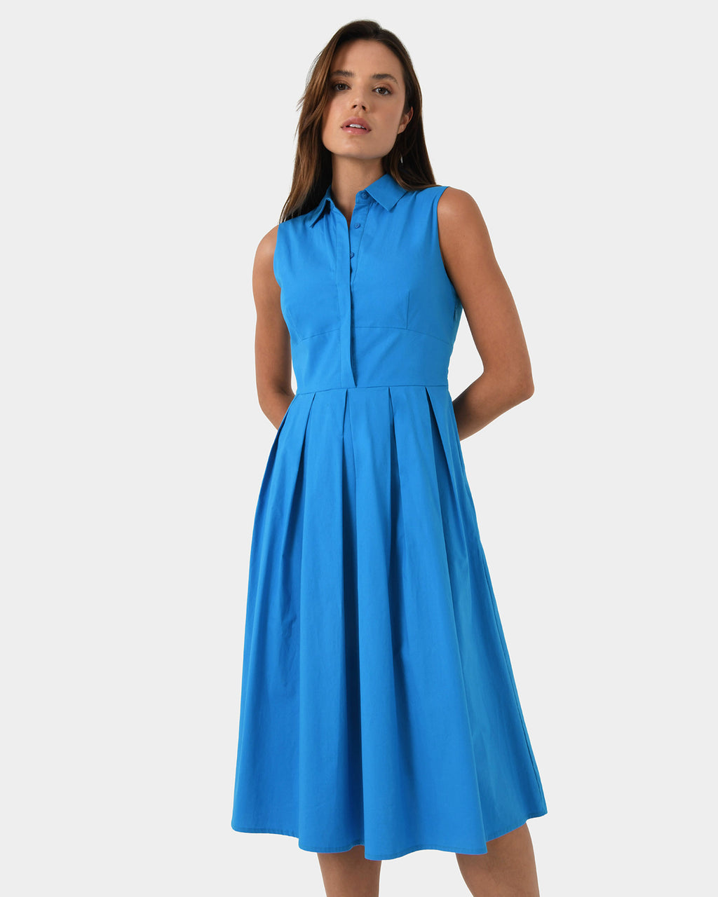 Alma Cotton Sleeveless Dress in cyan blue — close-up view