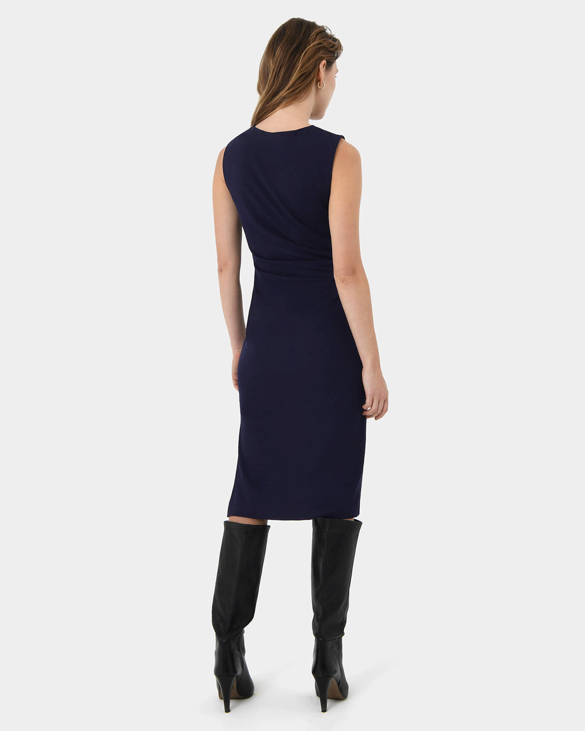 Faith Side Pleated Midi Dress in navy — back view