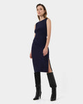 Faith Side Pleated Midi Dress in navy — full-length view