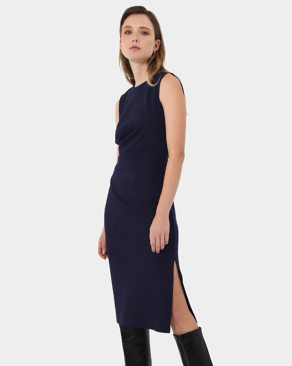 Faith Side Pleated Midi Dress in navy — side view