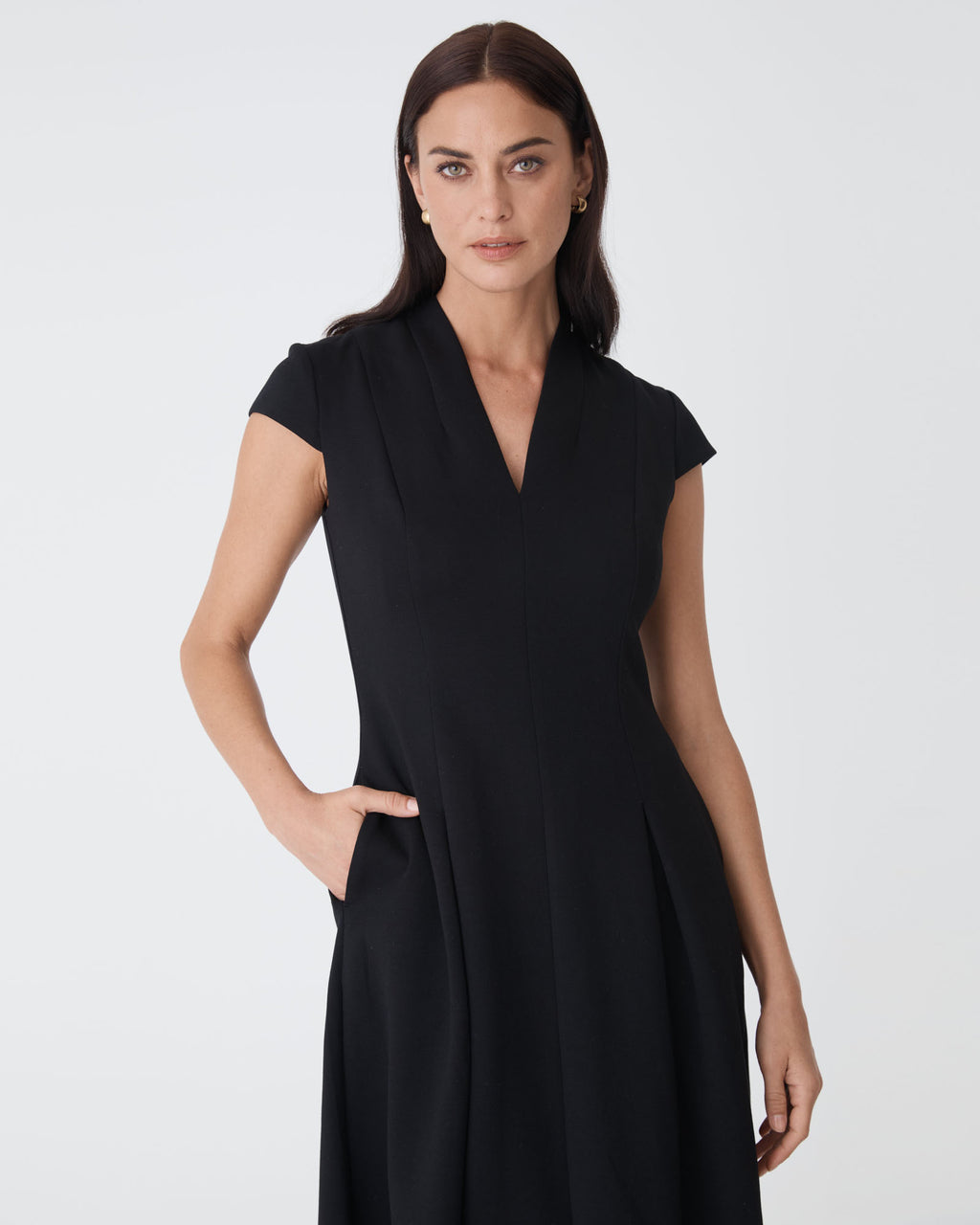 Juno Panel Ponte Dress in black — close-up view