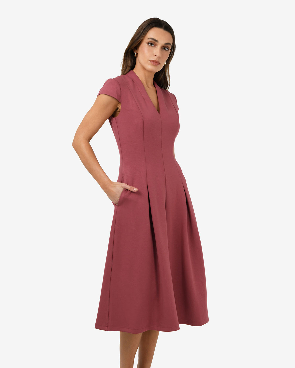 Juno Panel Ponte Dress in brick — side view 2