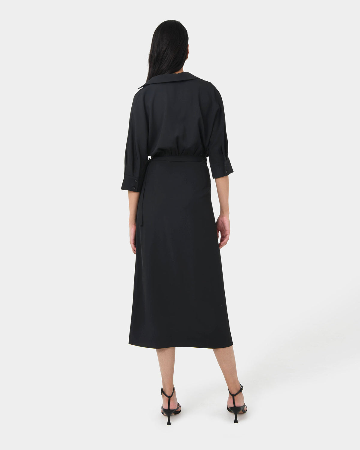 Betty Wrap Tie Dress in black — back view