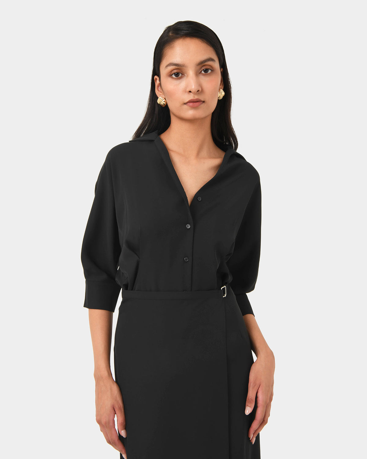 Betty Wrap Tie Dress in black — close-up view