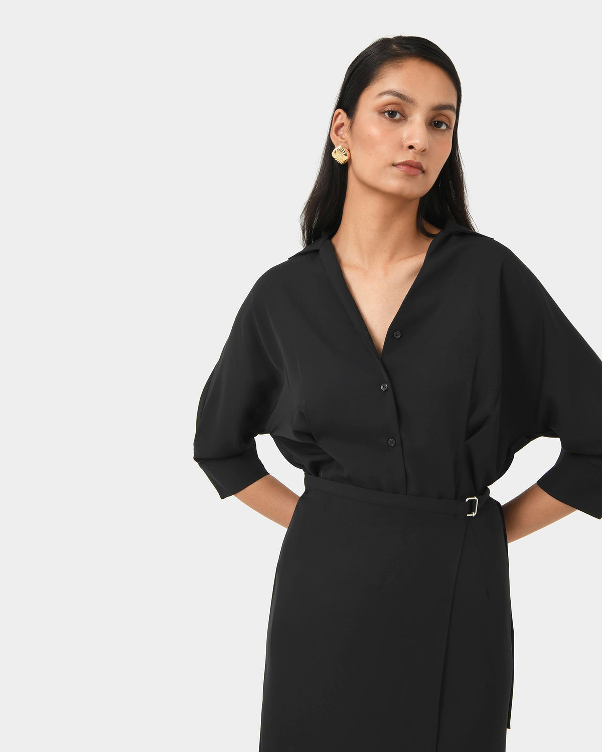 Betty Wrap Tie Dress in black — close-up view 2
