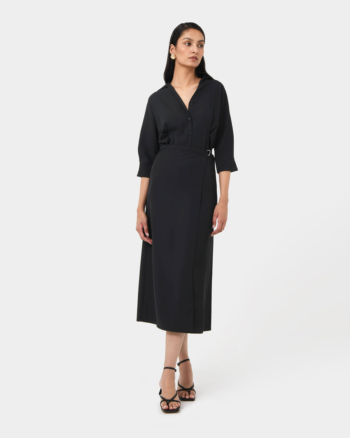 Betty Wrap Tie Dress in black — full-length view