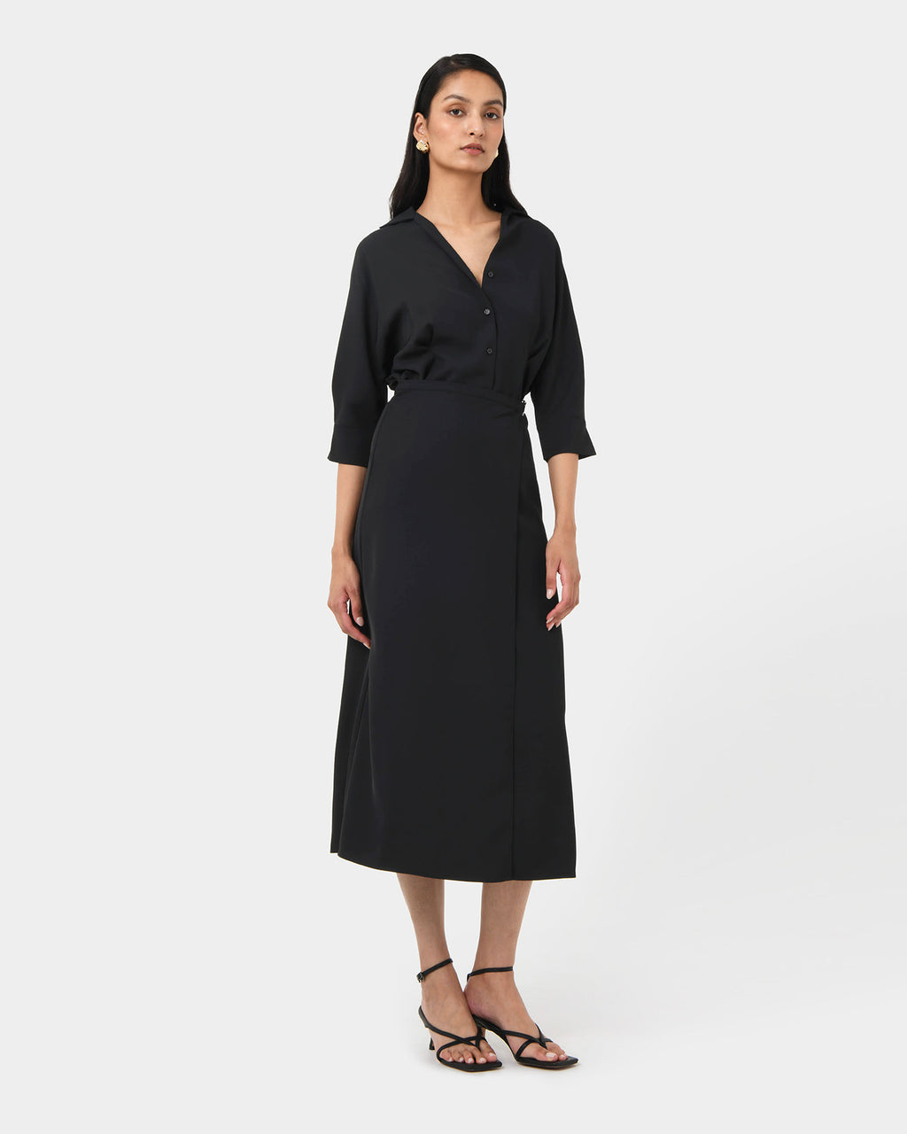 Betty Wrap Tie Dress in black — full-length view 2
