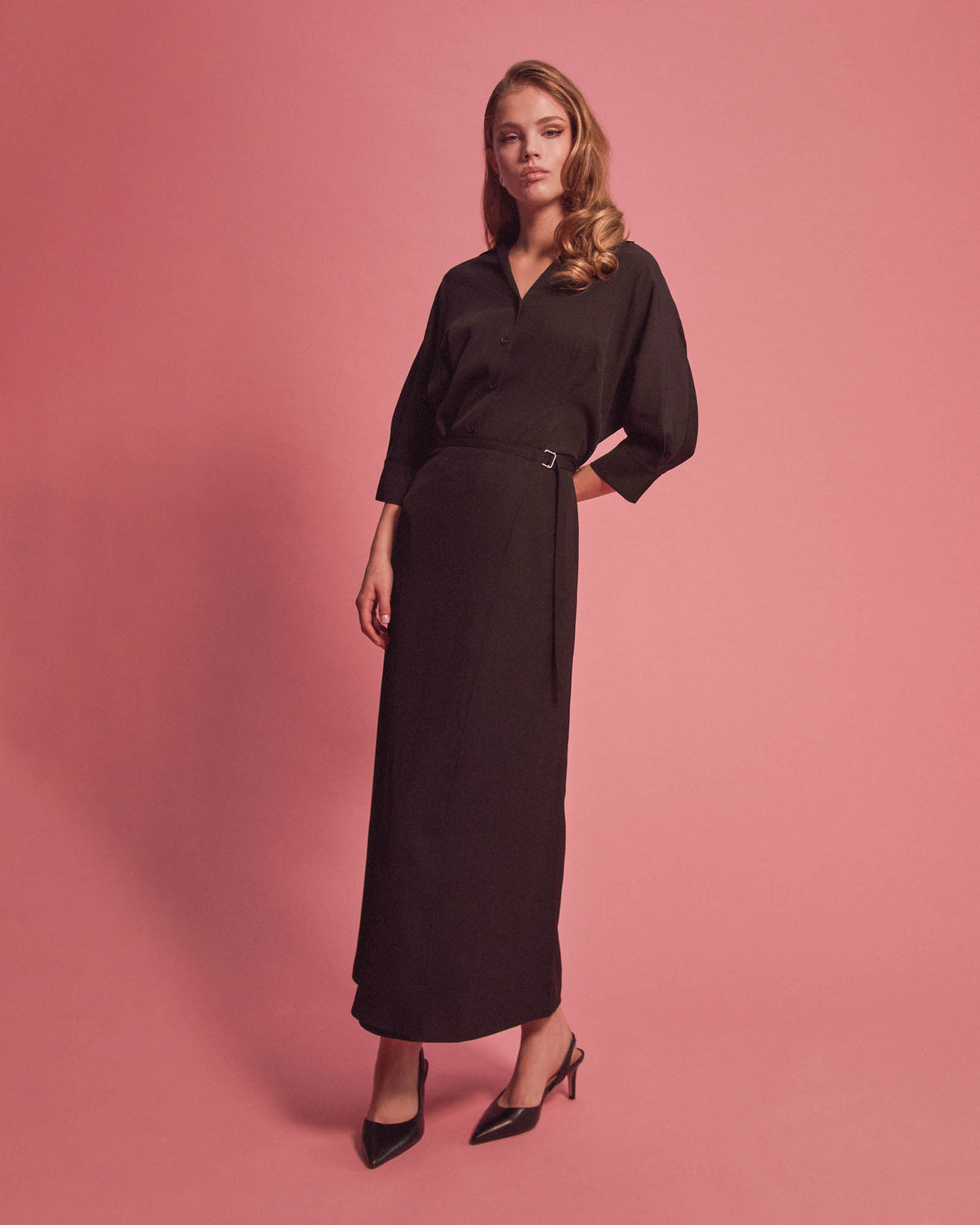 Betty Wrap Tie Dress in black — full-length view 3