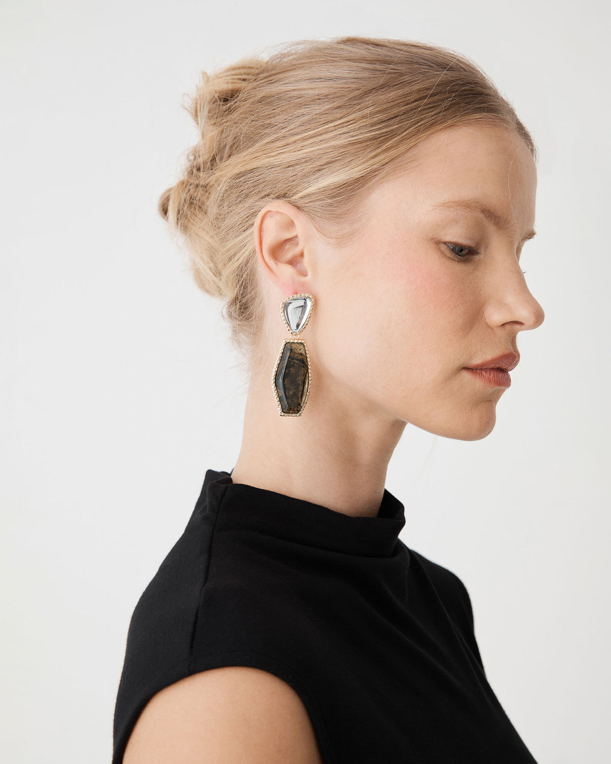 Nora Statement Earrings in gold — fabric detail