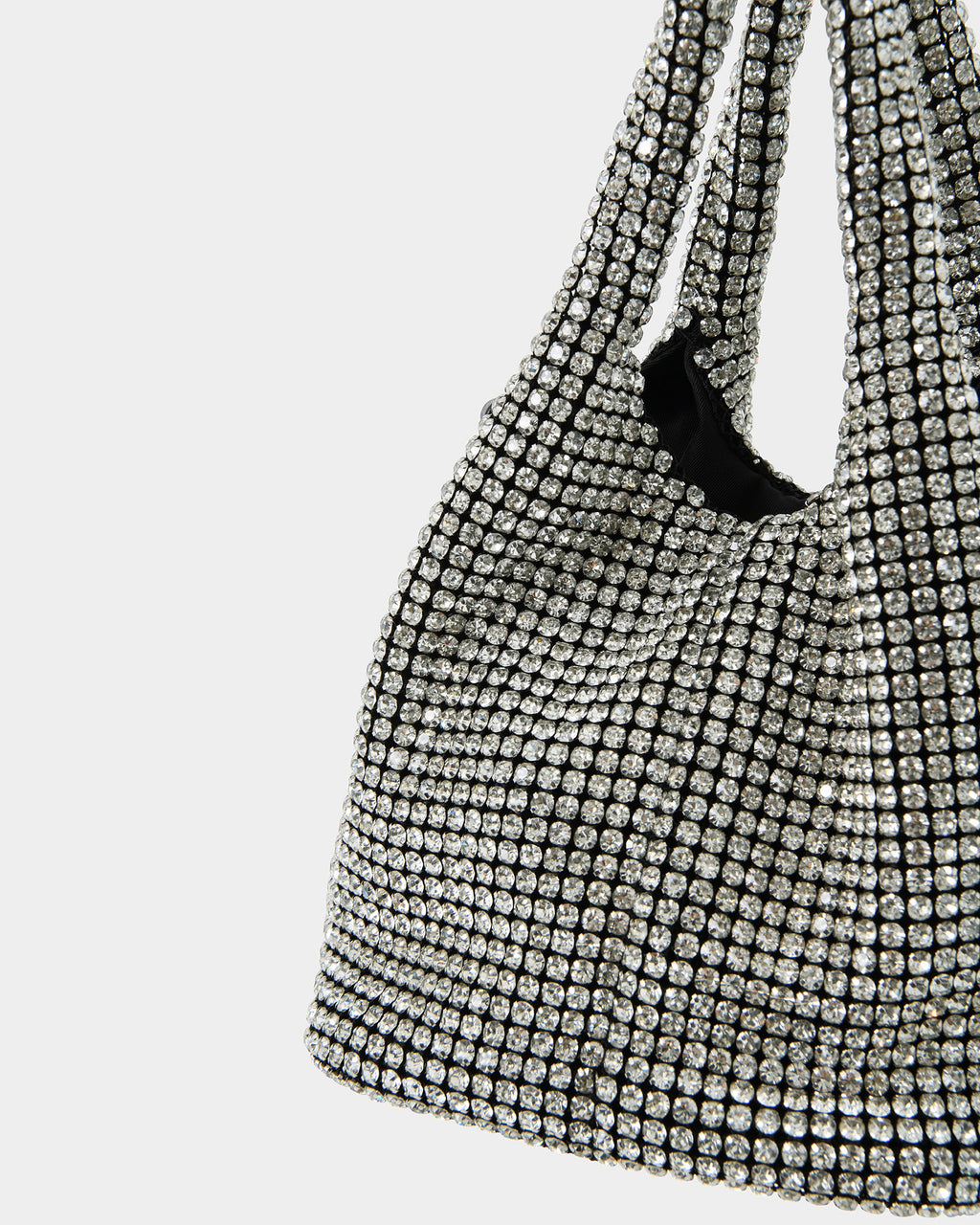 Kendall Crystal 2 Way Bag in metallic — fabric detail