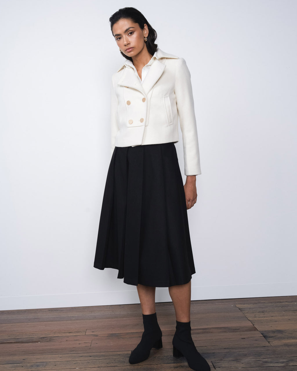 Scout Cropped Wool Jacket in ivory — full-length view