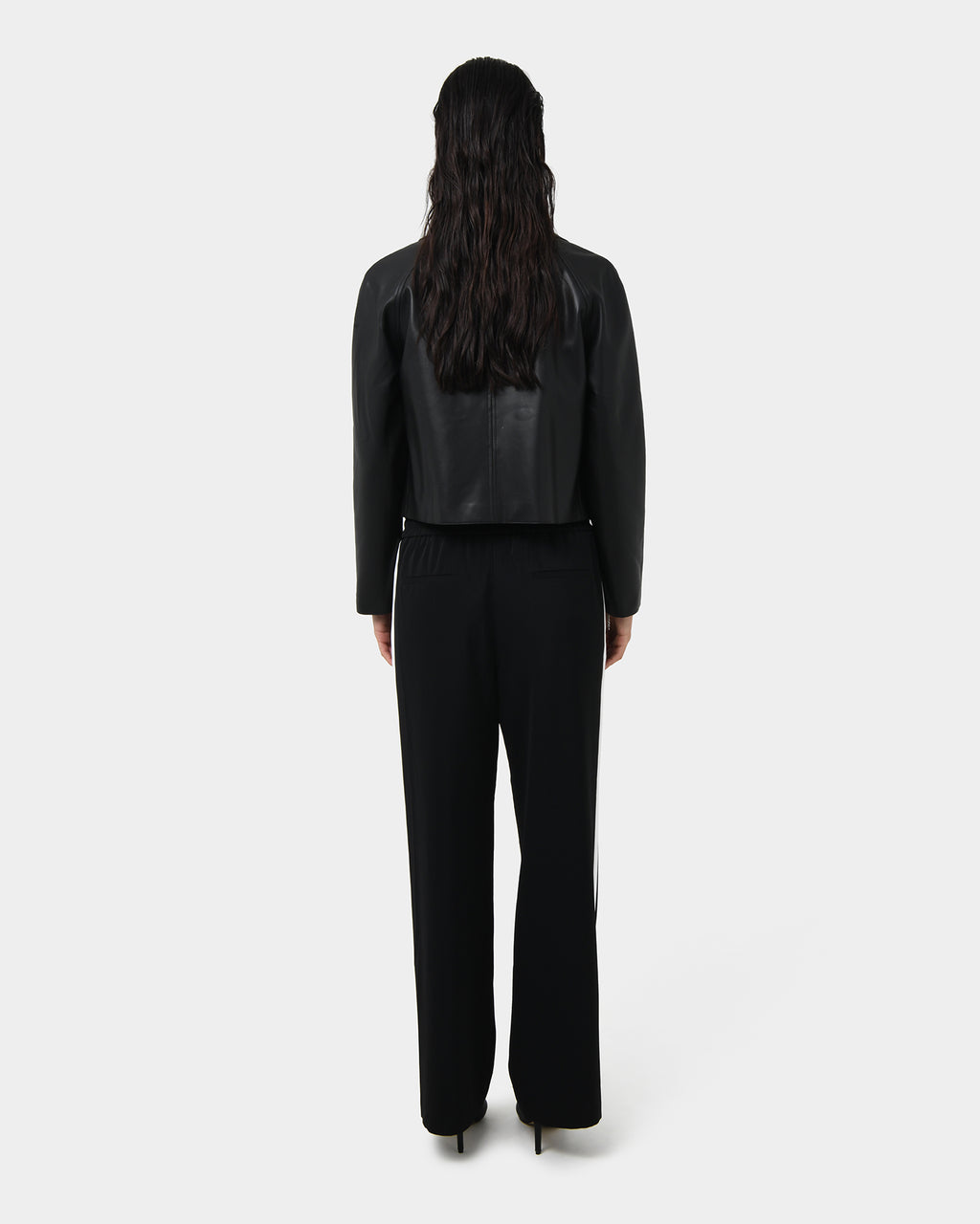 Kim Cropped PU Leather Jacket in black — back view